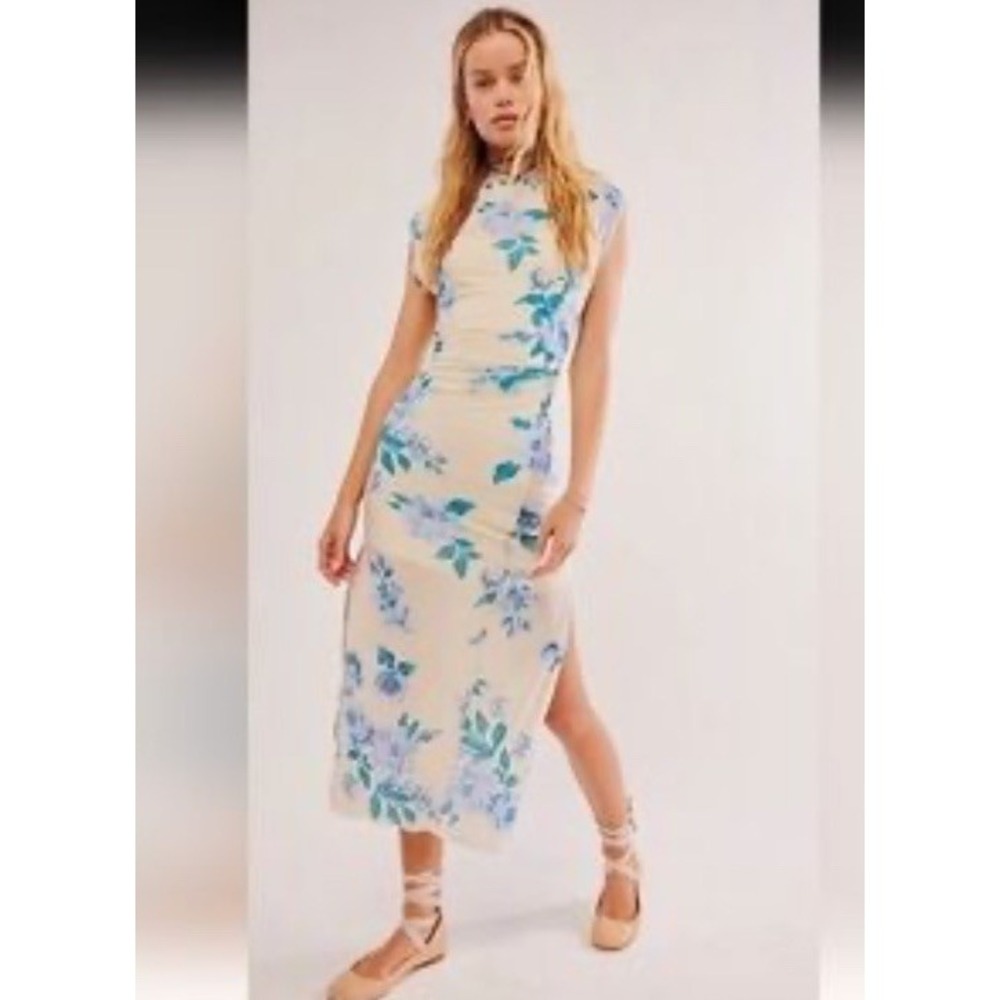 NWT Free People Carmel Midi Dress Size Xs blue cream floral Mesh Side Slit